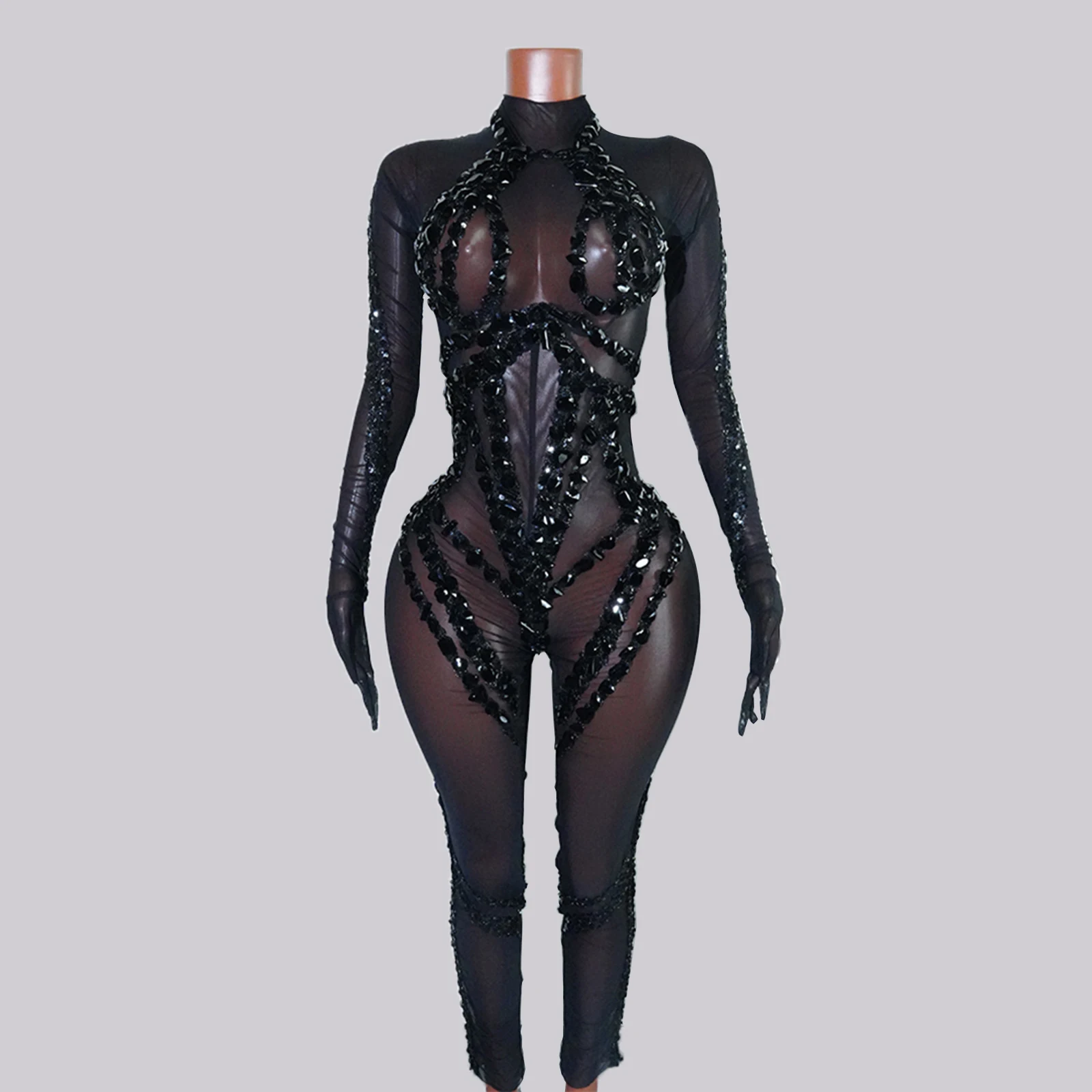 

Drag Queen Wear Sexy Mesh Black Rhinestones Jumpsuit Women Sexy DS DJ Nightclub Party Birthday Leotard Pole Dance Clothing GoGo