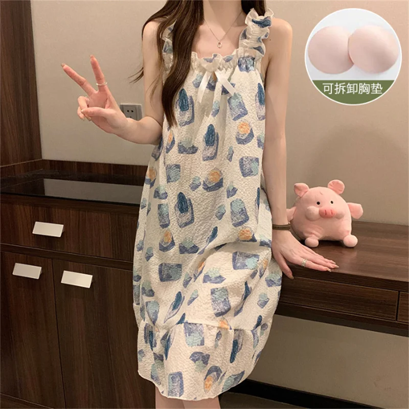 korean Reviews Many Pajamas Dress Sweet Sleeveless Summer Nightdress Print Cotton Women's Nightgowns Bra Pad Sleep Shirts