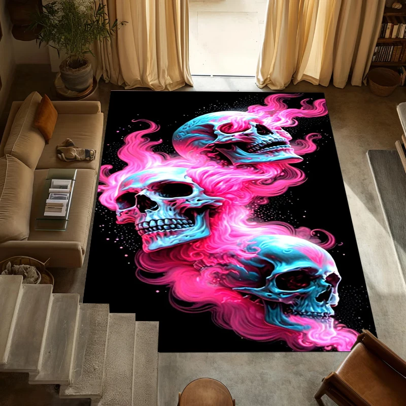 Punk Gothic Totenkopf Wohnzimmerteppich Cyber Neon Totenkopfmuster Teppich Weicher Rutschfester Bodenteppich Moderne Schlafzimmer-Bodendekoration Matte