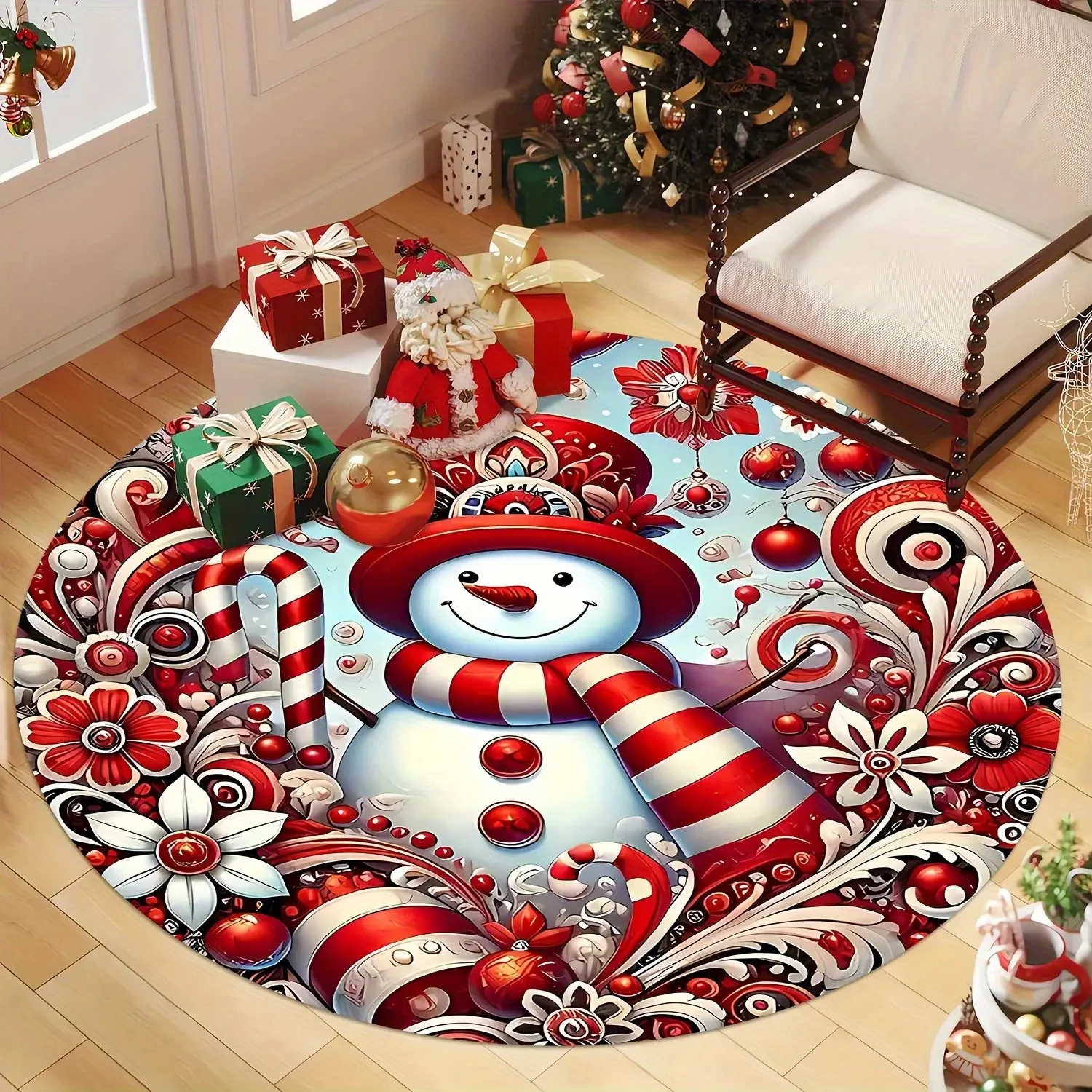 

Рождественский снеговик, коврик из конфетной трости, 2D плоский круглый ковер со праздничным дизайном, нескользящий коврик для входа в гостиную, прихожей
