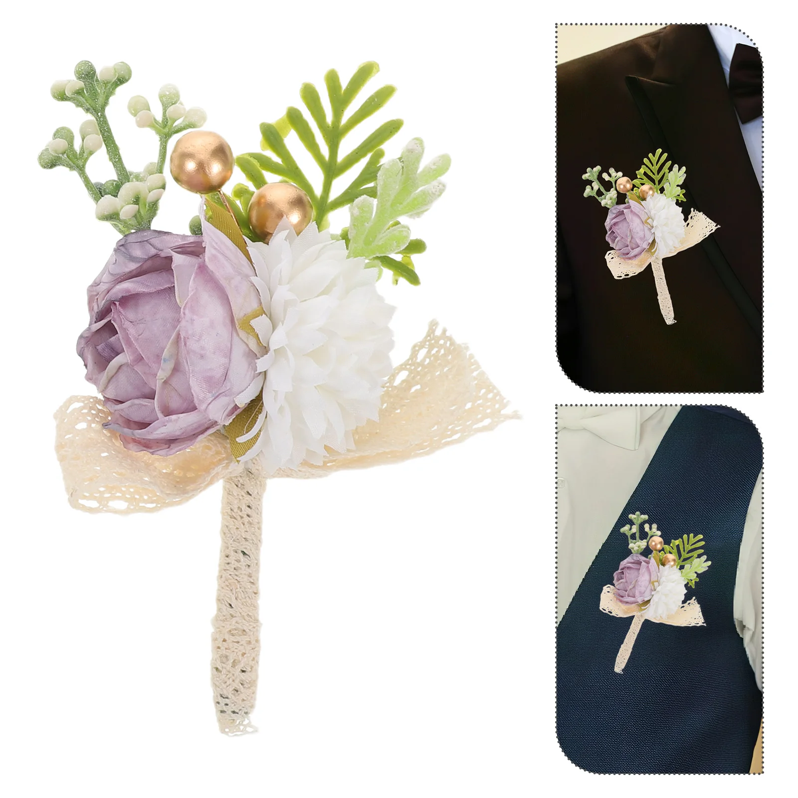 

4pcs Purple Artificial Floral Boutonniere Wedding Decoration Groom Groomsmen Suit Pin Lightweight Secure Attachment Multi
