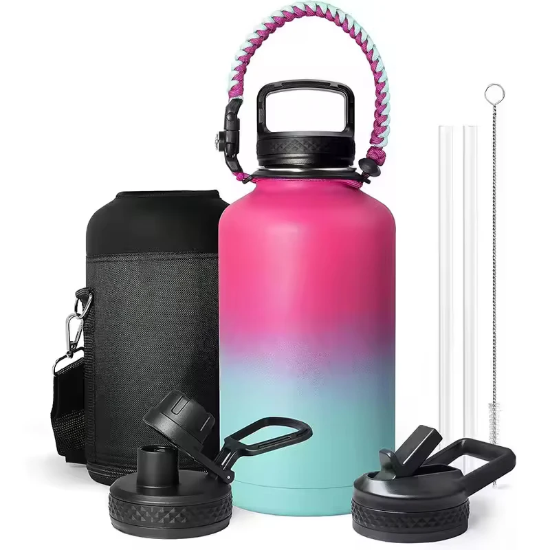 Stainless Steel Sports Kettle Thermal Insulation Cup Outdoor Thermos Cup With Straw Spout Handle Lids Leakproof Water Bottle