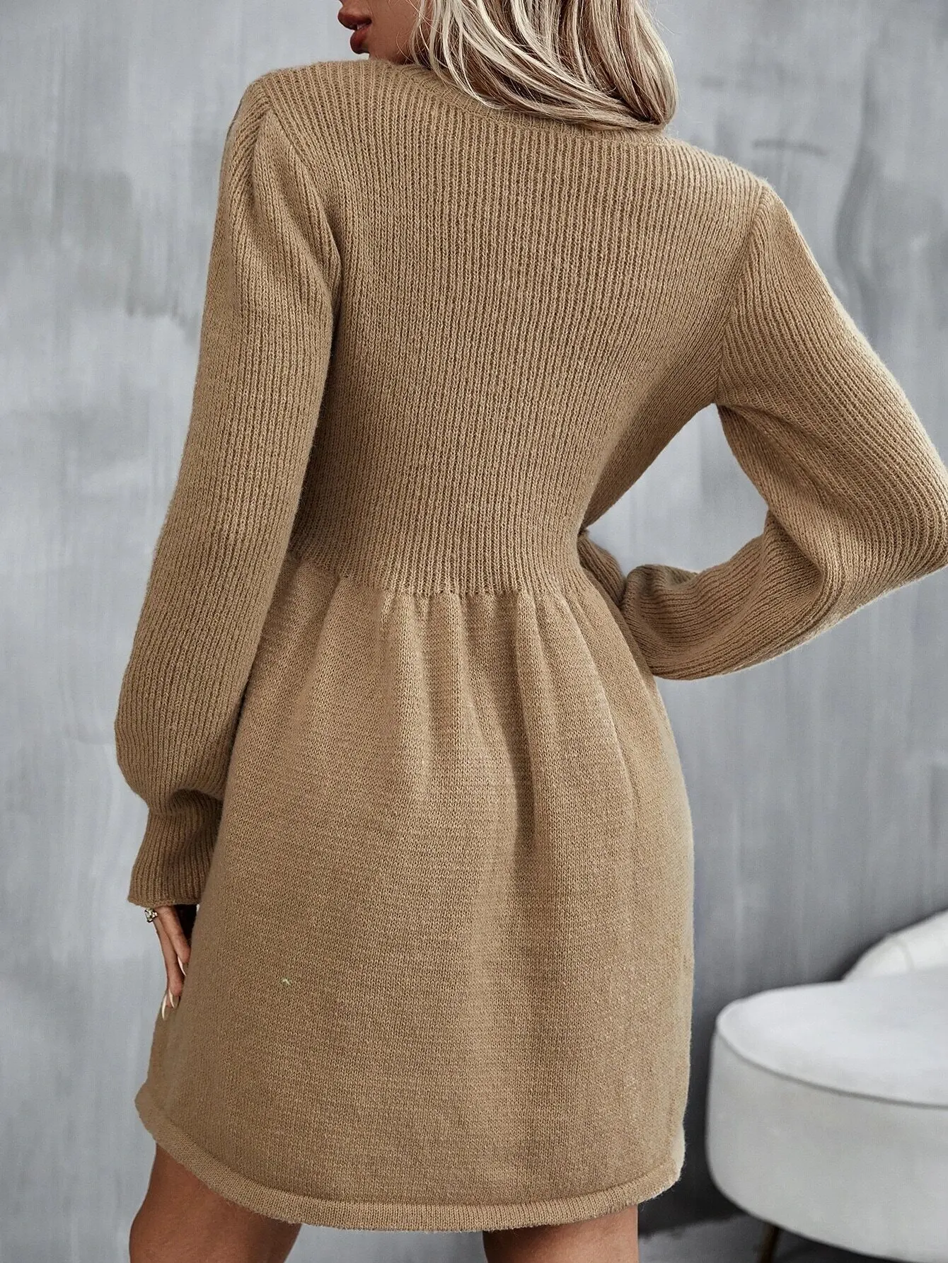 Solid Knit Sweater Dress, Elegant Long Sleeve A-Line Mini Dress, Women Clothing