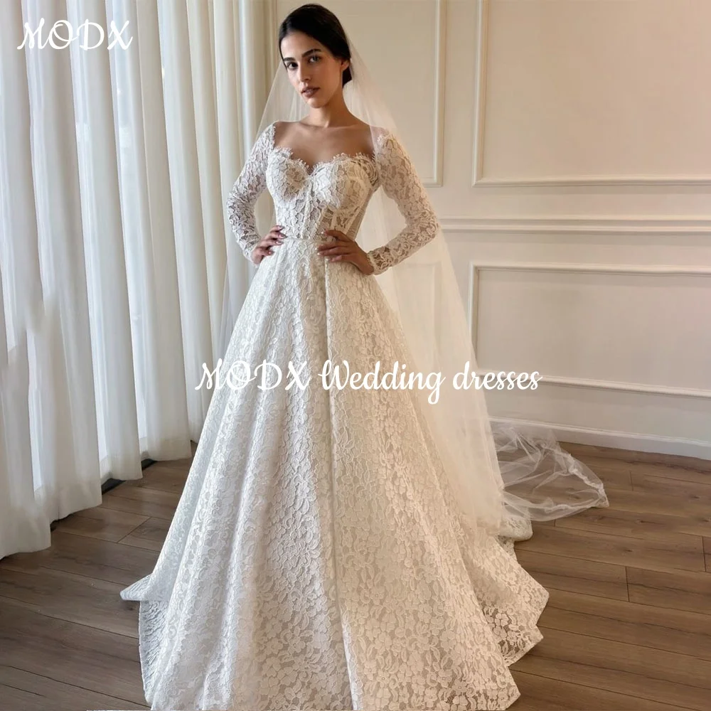 MODX فستان زفاف رائع من الدانتيل الأبيض كلمة على شكل قلب ثلاثية الأبعاد زهرة كم طويل فستان زفاف رسمي vestidos de novia مخصص