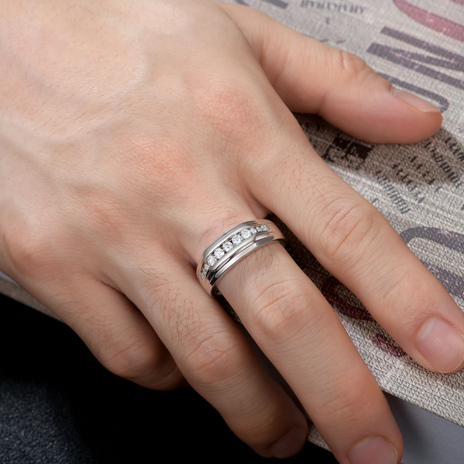 ​Newshe Full Moissanite Wedding Band for Men 925 Sterling Silver Engagement Rings Pave Round Eternity Promise Ring Size 7-13