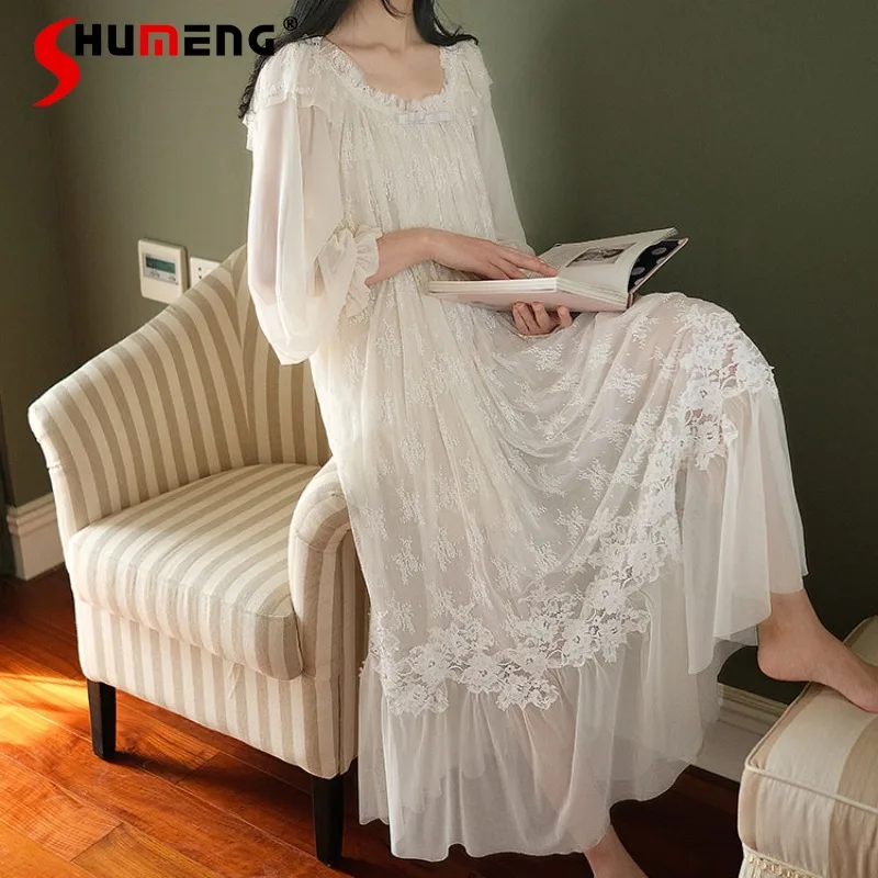 

French Court Style Mesh Lace Nightdress Women Long Sleeve Princess Sexy Sleepshirts Female Japanese White Fairy Nightgowns