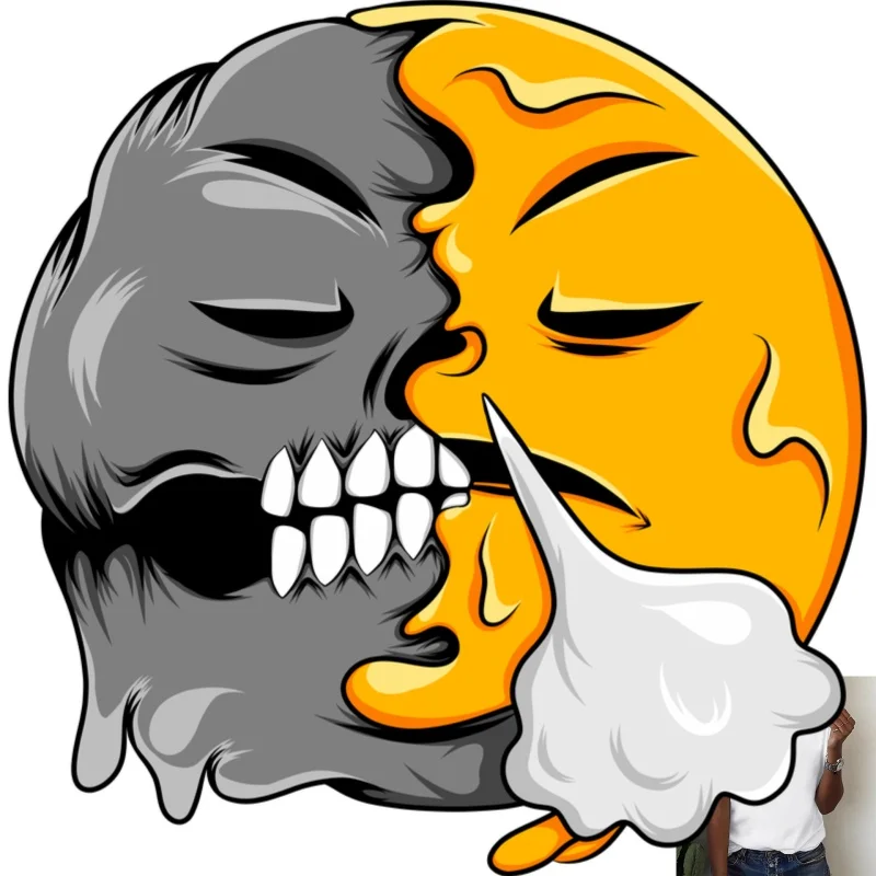 Cool Half Skull Half Smile Face Heat Transfer White Ink Iron - on Sticker, Suitable for T - shirts/Canvas Bags/Clothes, Street