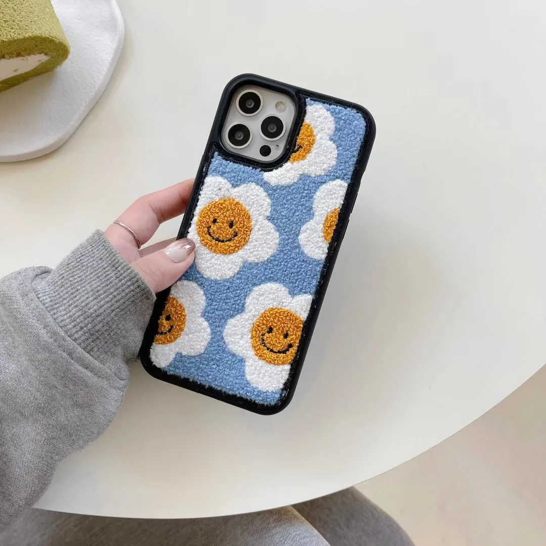 Japan Korean Winter Plush Embroidery Sun Flower Soft Case for IPhone 7 8Puls X XR XS 11 13 12 Pro Max Lovely Protection Cover