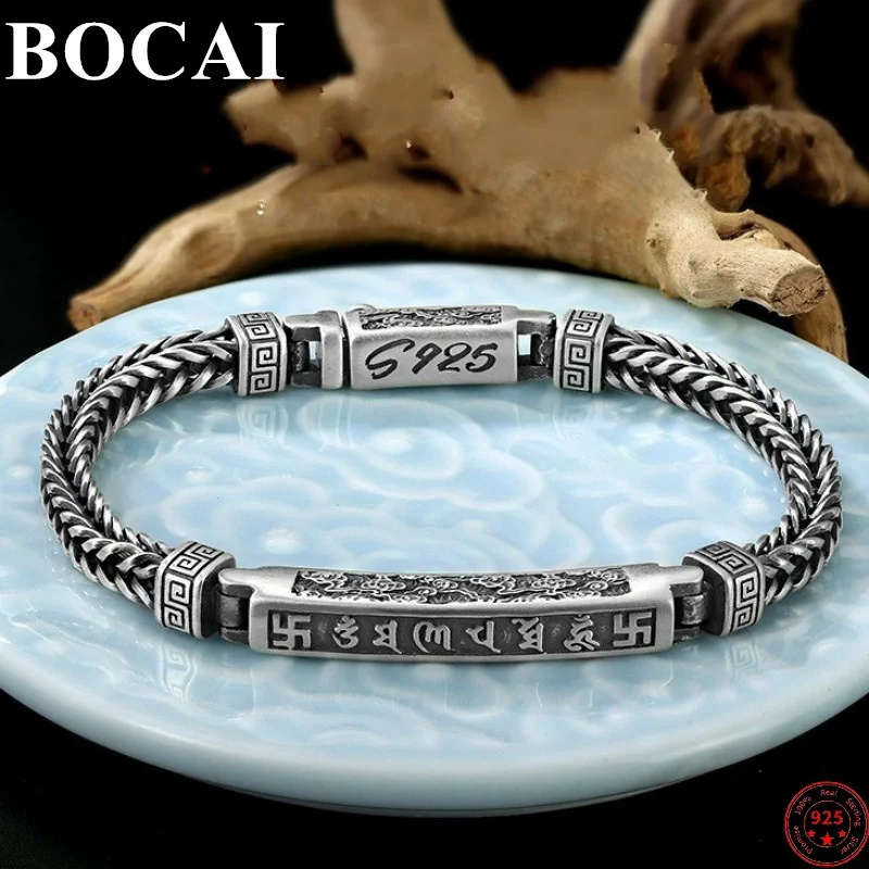 BOCAI S925 Sterling Silver Bracelets for Men Six Character Truth Auspicious Cloud Weave Horsewhip-chain Jewelry Wholesale