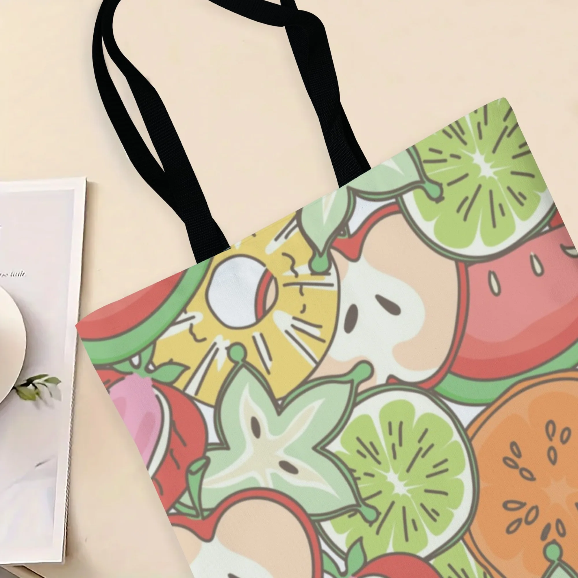 Eco-Friendly Cartoon Fruit Canvas Tote Bag Cute Fruit Illustration Shoulder Bag for Women Ideal for Eco Summer Daily Outings
