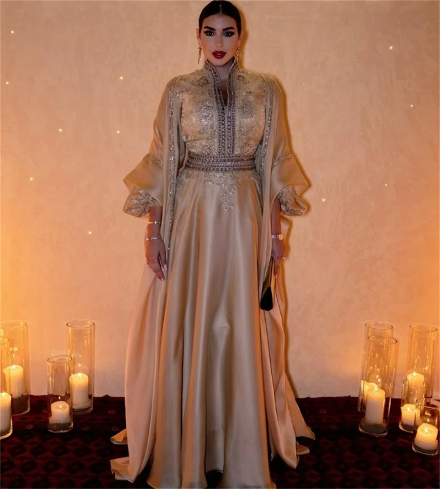 Luxury Golden Arabic Evening Dress Long Sleeve A Line Beaded Formal Prom Dresses Special Occasion Ladies Party Turkey Customzied