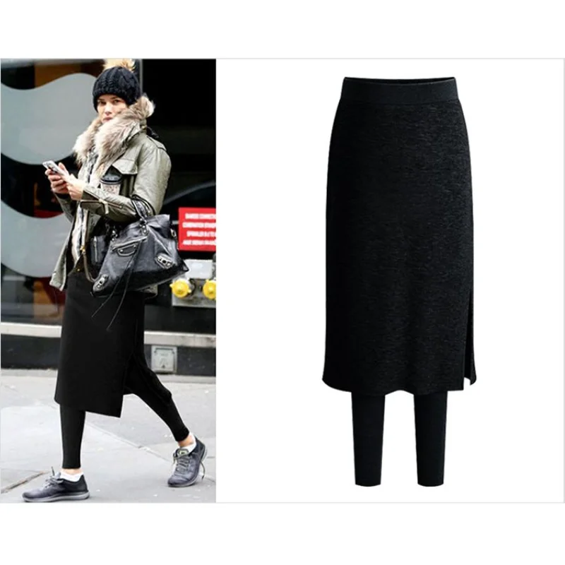 Women Fake Two Piece Skirt Pants High Waist Side Slit Knit Midi Skort Elastic Waist Casual Warm Bot Multi Color