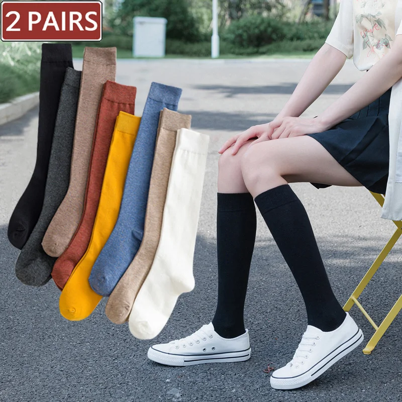 2 pares de calcetines hasta la rodilla de algodón para mujer, calcetines largos sexis de color sólido blanco y negro a la moda para mujer y niña, calcetines largos sexis para fiesta y baile