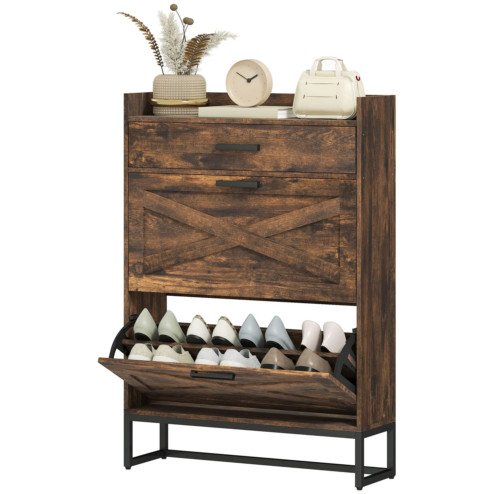 

HOMCOM Shoe Storage Cabinet Slim Design with 2 Flip Drawers for 12 Pairs Rustic Brown