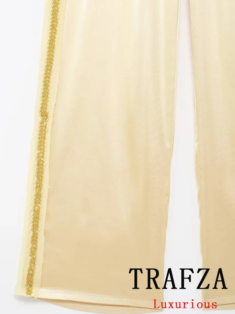 TRAFZA Vintage Casual Chic Women Suit Beading Single Breasted Long Sleeve Blouse Loose Long Pants Fashion 2024 Summer Sets