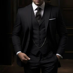 Black Men's Suits Single Breasted Peak Lapel Slim Fit Male Clothing Luxury 3 Piece Jacket Pants Vest Wedding Full Sets 2024