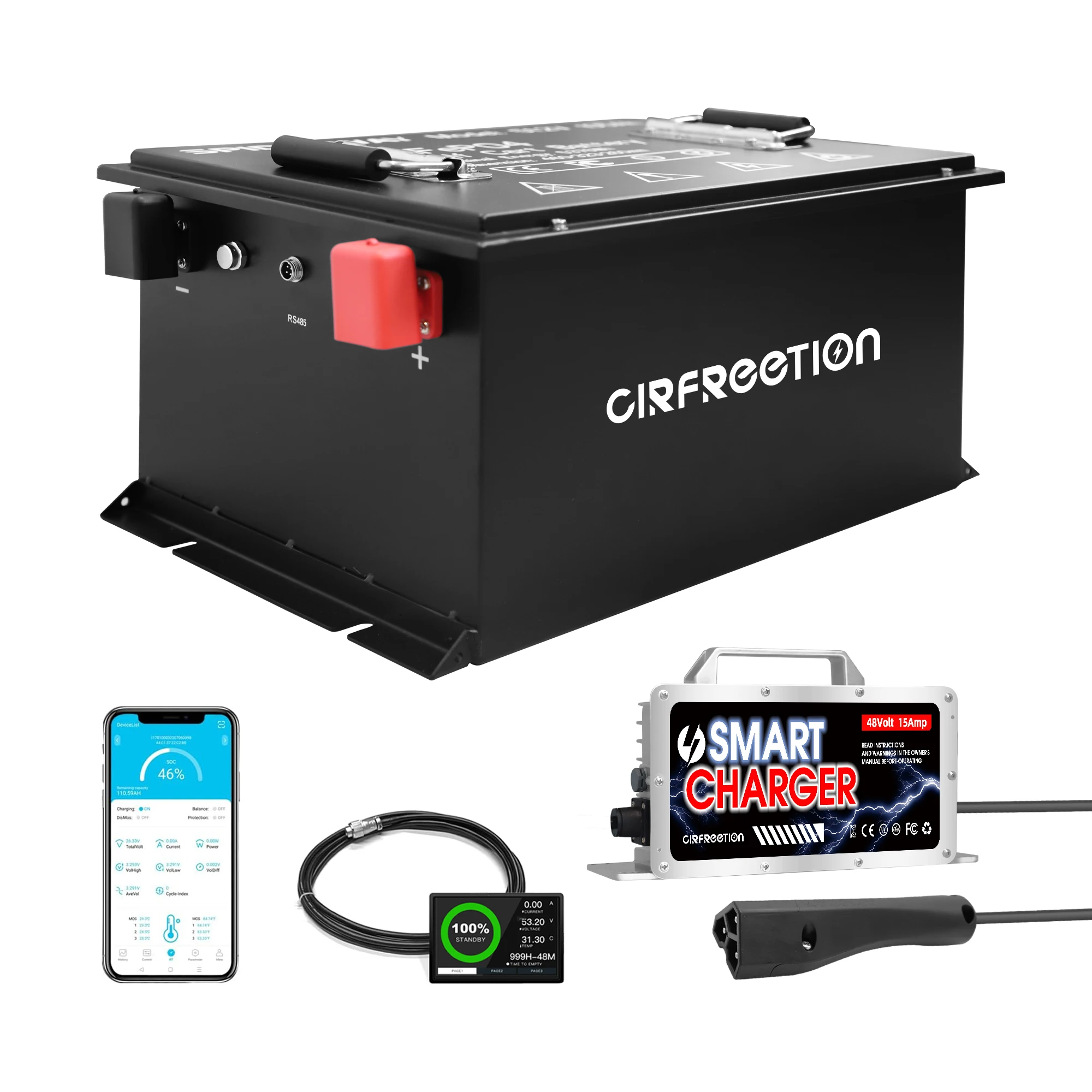 48V 105Ah Golf Cart LiFePO4 Lithium Battery with BMS Touch Monitor 25A Charger Max 10.24kW Power for EZGO RXV TXT Golf Carts