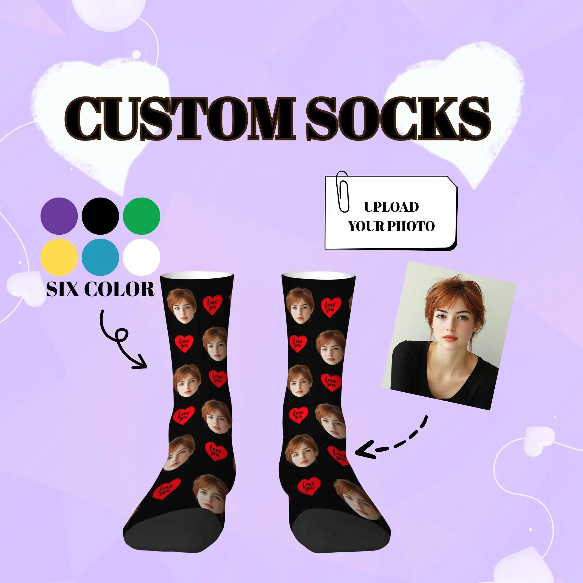 Red Heart Love You Customized Socks Personalized Facial Photo Clear Print Warm Comfortable Mid-calf Socks Memory Gifts for Her