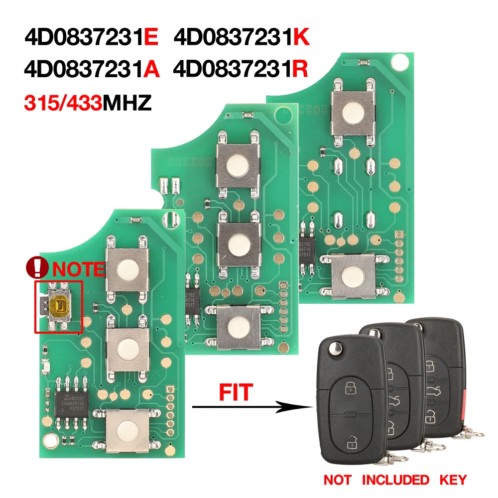 jingyuqin Smart Remote Key Circuit Board 2/3/4 Button 315/433MHZ 4D0837231A/E/K/R For Audi A3 A4 A6 A8 RS4 TT Allroad Quttro RS4