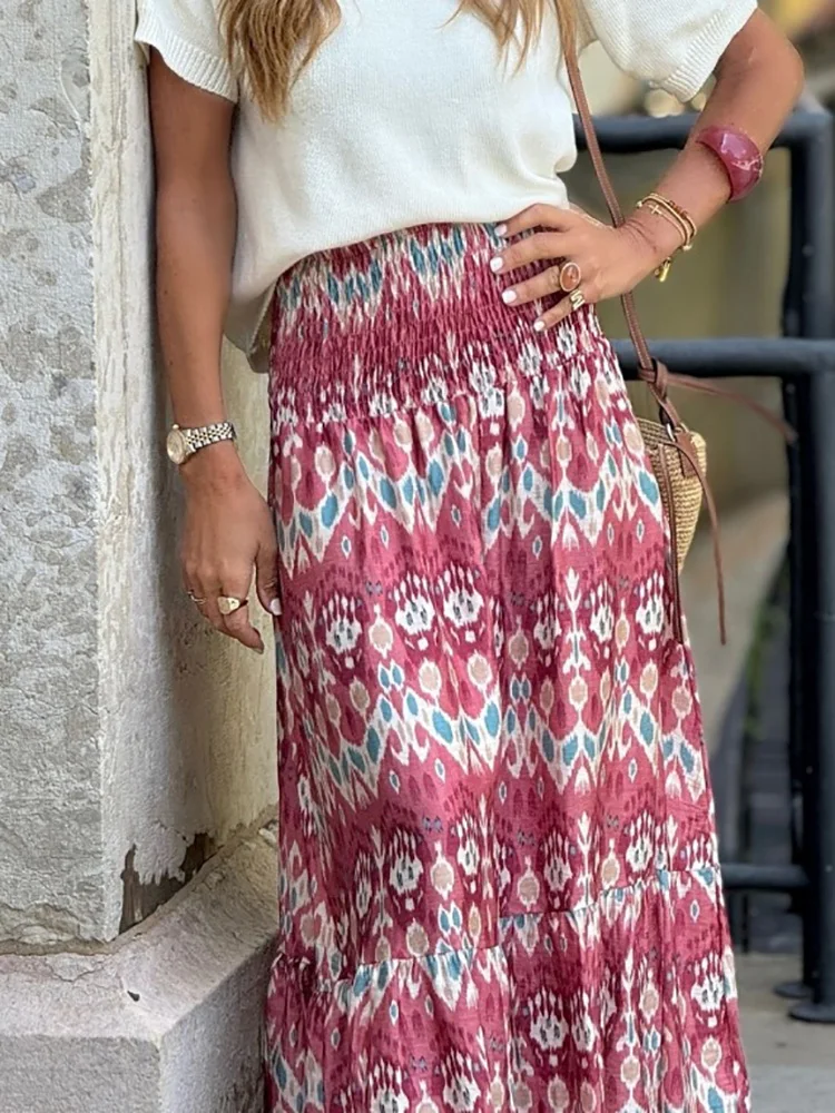 女性のためのフリル付きのルーズなパッチワークスカート,カジュアルなストリートウェア,プリント,シックなバケーションウェア,クラブ,地面の長さ,春と夏