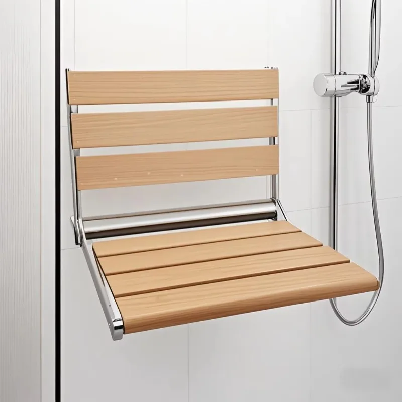 مقعد استحمام قابل للطي من خشب الزان، كرسي قابل للطي للعناية المنزلية، مقعد مثبت على الحائط