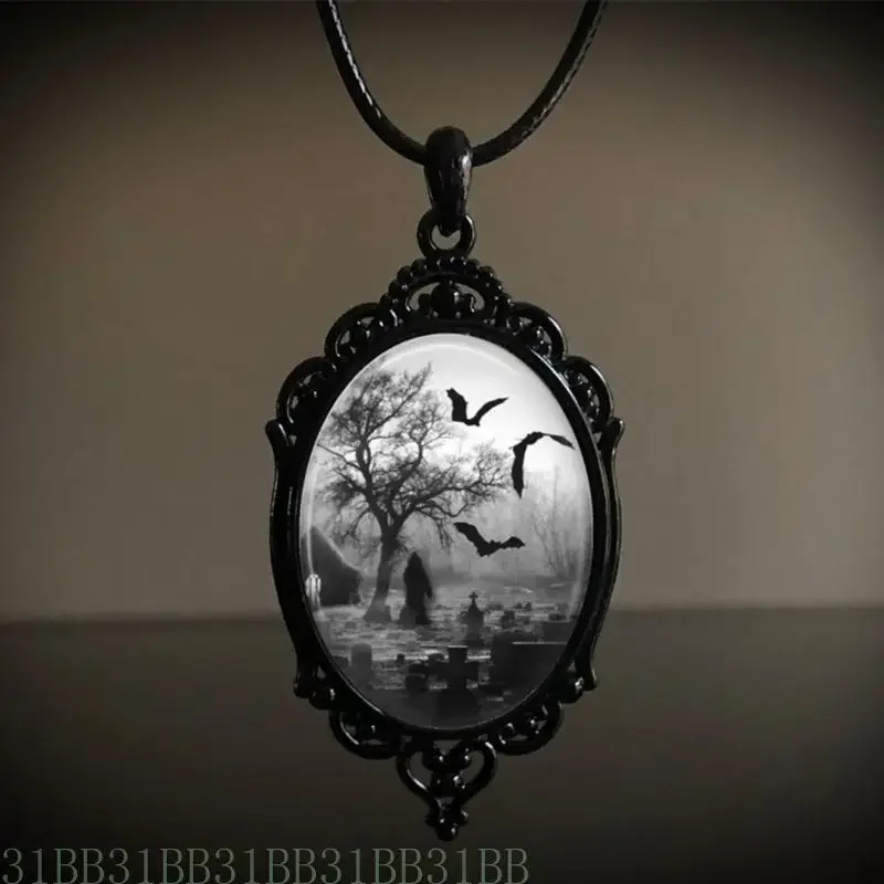 

652F Black Graveyard Bat Pendant Leather Cord Necklace Gothic Women Statement Ethnic Jewelry Lariat Necklace Women Necklace