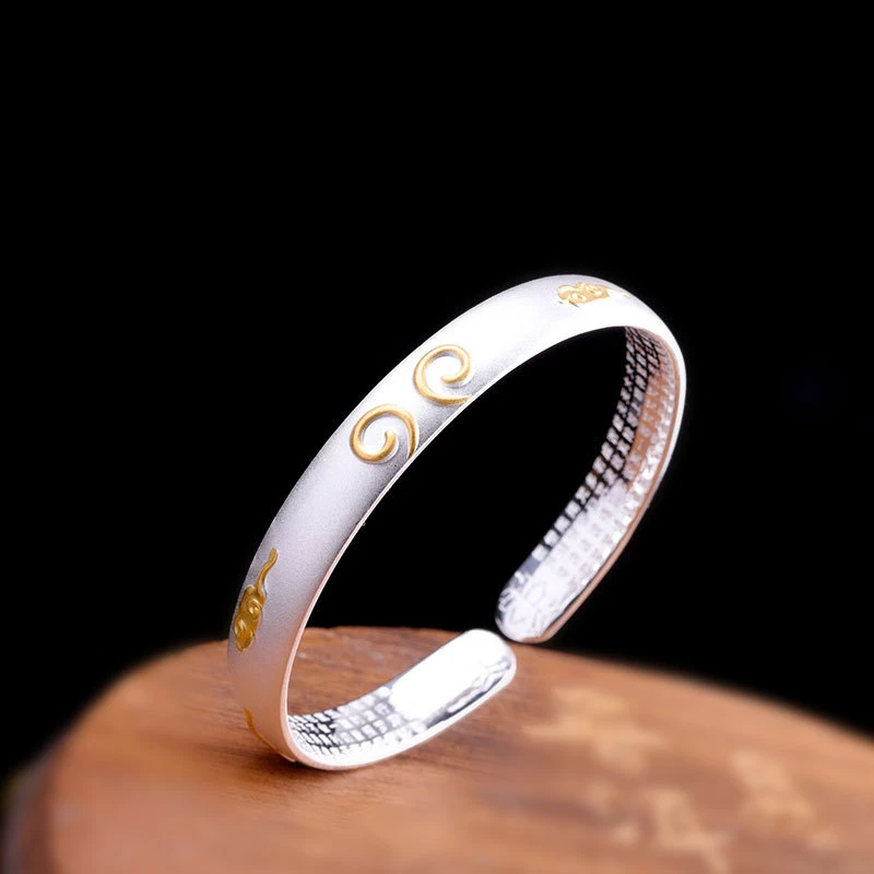 OUYADI Vintage Two‑Tone 999 Sterling Silver Open Bangle, Gilded Auspicious‑Cloud Relief Pattern Women Fine Jewelry Gift