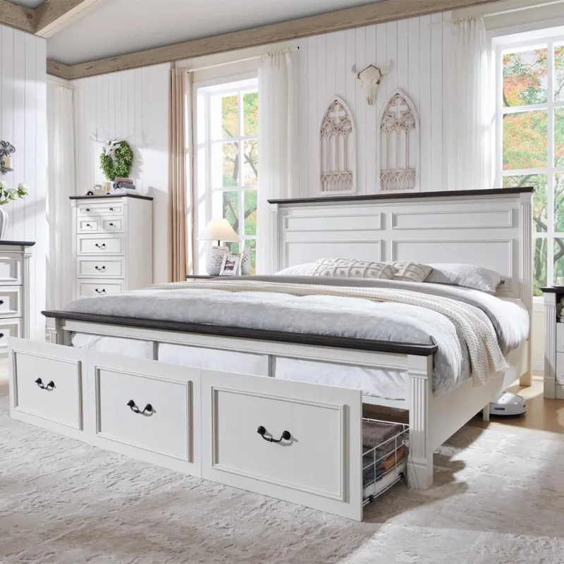 51-inch-high headboard farmhouse-style king bed frame with 20-inch-high Roman post accent footboard and 3 large storage drawers