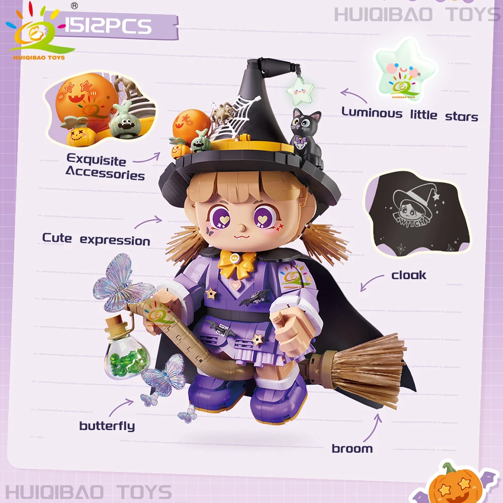 HUIQIBAO Halloween Mini Magiczna Dziewczyna Wiedźma Model Klocki Konstrukcyjne Miasto DIY Kreatywne Cegły Zabawki Dorosły Dekoracyjne Ozdoby Prezent