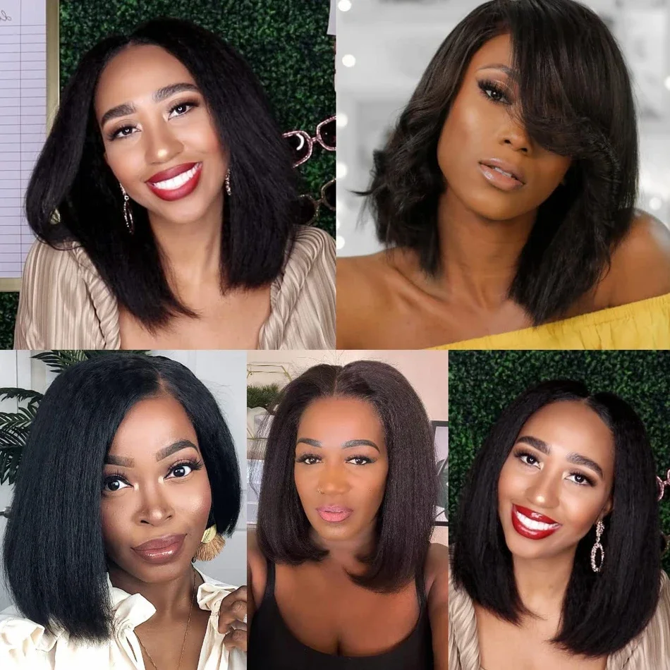 14Inch Natural Black Kinky Straight Short Bob Lace Human Hair Wigs 13x4 HD Transparent Lace Frontal Bob Wig For Women