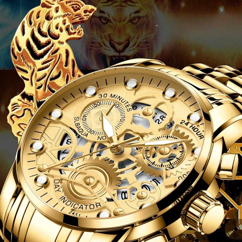 

VA VA VOOM 2451 Luxury Mens Watch Hollow Steel Strip Quartz Watch Luminous Waterproof Calendar Watches for Men Relogio Masculino
