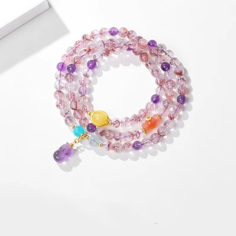 Natural Women Seven Purple Rutilated Quartz -Layer Bracelet Amethyst Pixiu Amber Multi-Gem Beads