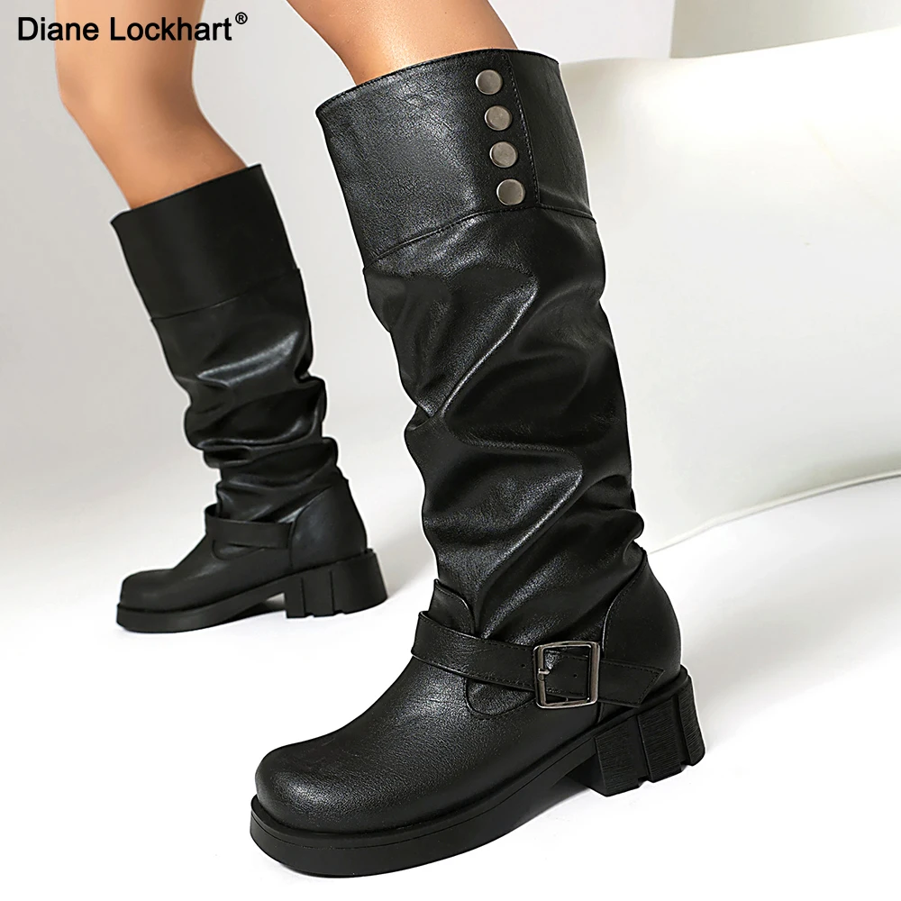 Woman Boots Knee High Platform Chunky Heels Trend Punk Gothic New Rock Leather Fashion Women's Shoes Motorcycle Footwear
