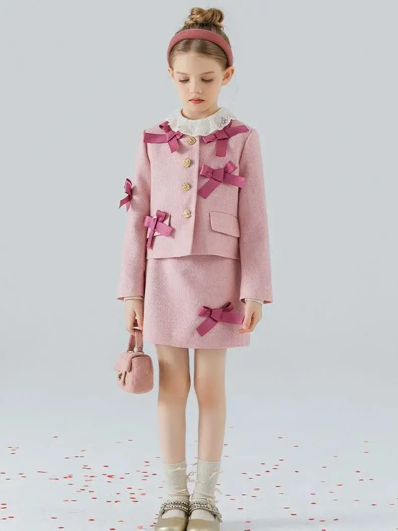 New Girl Set Spring and Autumn New Children's Sweet Pink Bow Coat Short Skirt Fashion Two piece Set