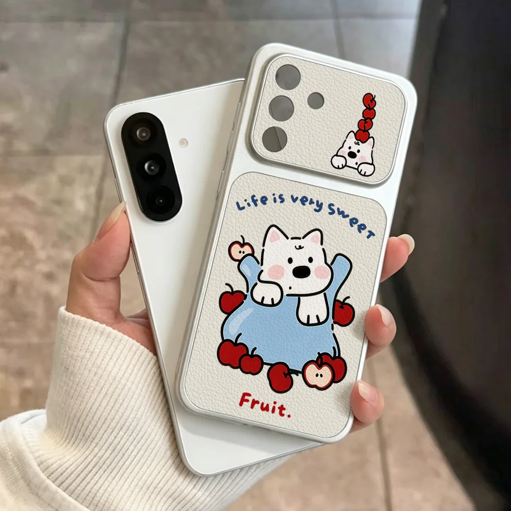 Cute White Puppy Phone Case For Samsung A56 A36 A27 A26 A57 A17 A07 A37 A55 A16 S26 Ultra S24 FE S25 Leather Soft Lanyard Cover view 5