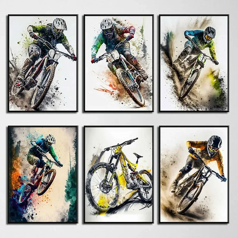 Acuarela cuesta abajo bicicleta de montaña cuadro sobre lienzo para pared bicicleta carteles nórdicos impresiones para habitación decoración del hogar pared temática deportiva