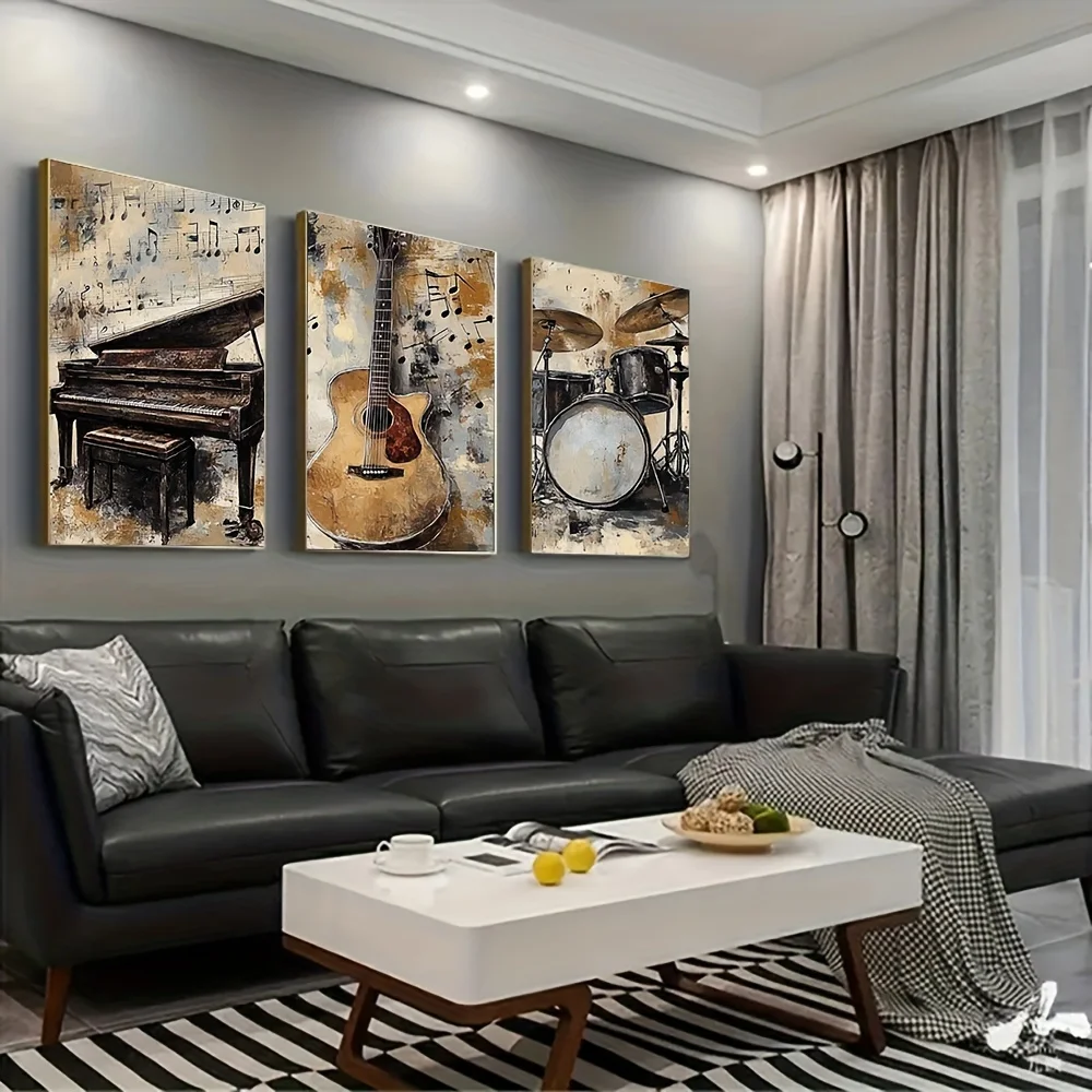 Vintage Musical Instrument Canvas Art Print 3pcs Set - Retro Piano, Guitar and Drum Wall Newspaper for Living Room, Bedroom, Hom