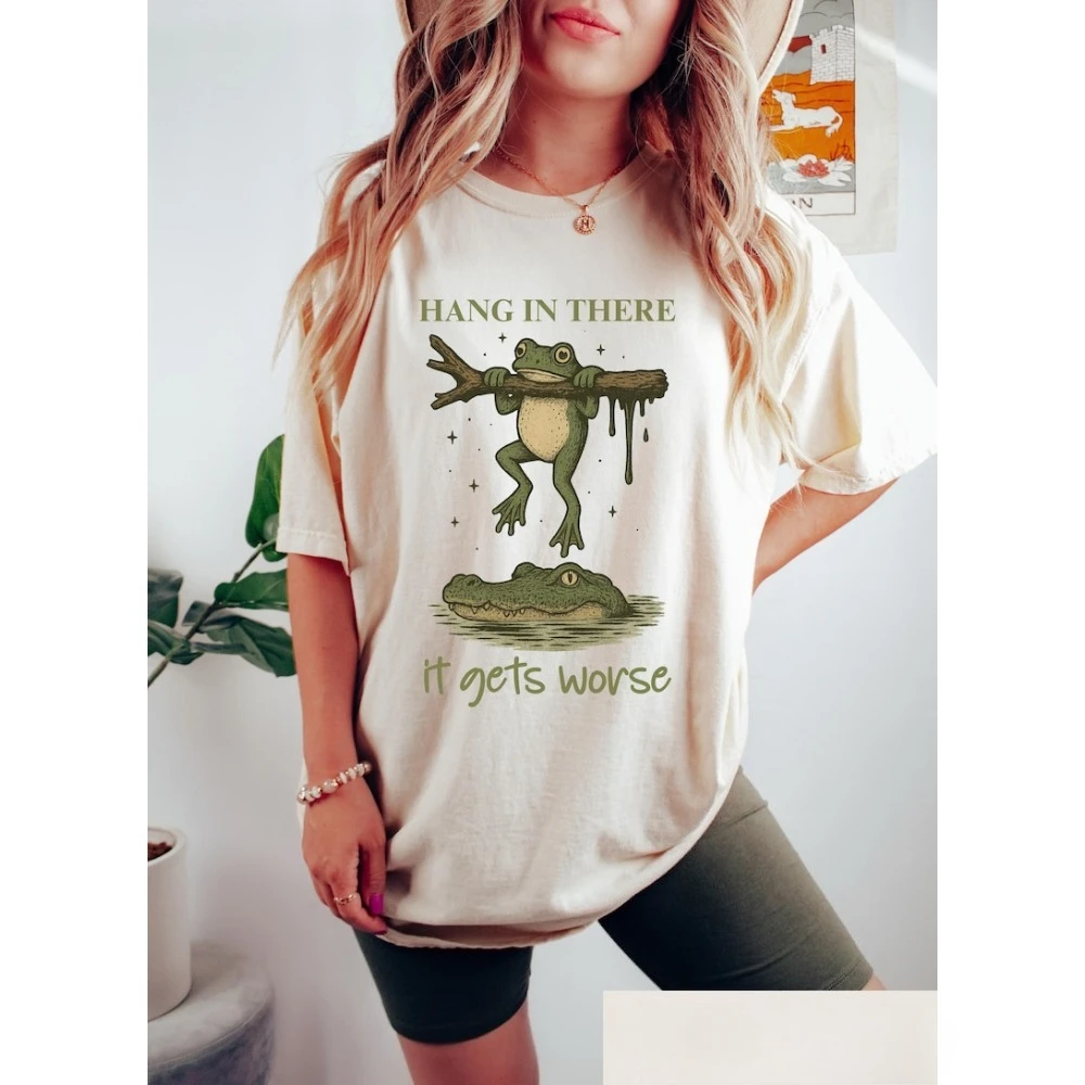 

Retro Funny Frog T-shirt Hang in There It Gets Worse Shirt Adult Humor Sweatshirt Sarcastic Frog Crewneck Cotton Short Sleeve
