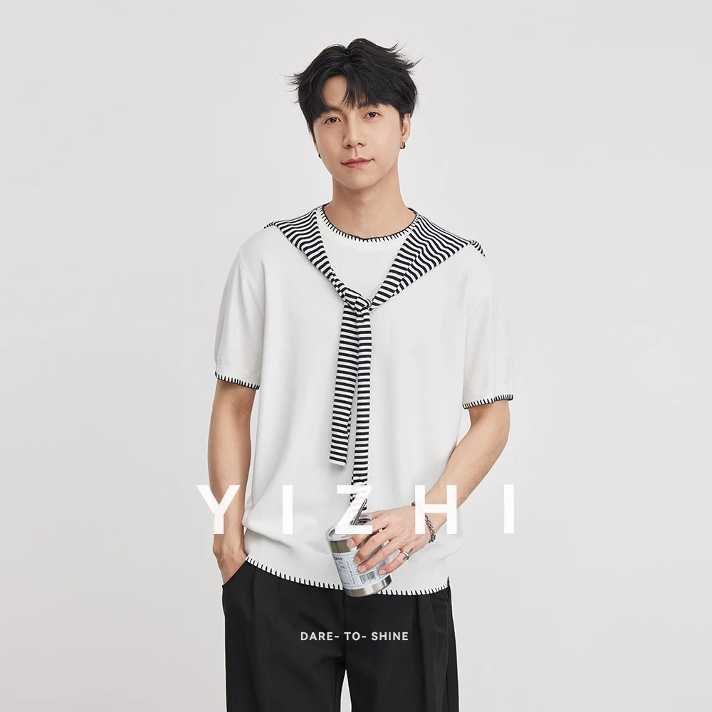 

2026 Summer Men's Detachable Striped Shawl Knit Short Sleeve Tee 14 Needle Crew Neck Loose Casual Preppy Style T-Shirt