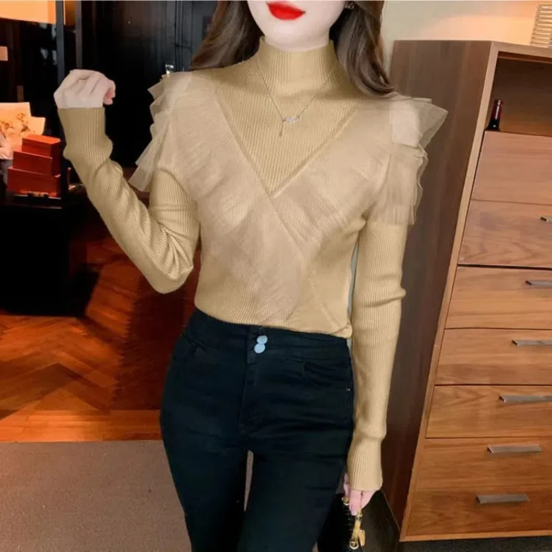 Off Shoulder Slim Pullovers Top Autumn Winter New Long Sleeve Net Yarn Patchwork Elegant Sweaters Korean Fashion Women Clothing