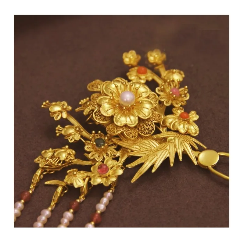 

Twelve Flower God Plum Blossom Hairpin Copper Gold Plated Hairpin Step Court Jewelry Hanfu Bridal Hair Accessories Imitation Thr