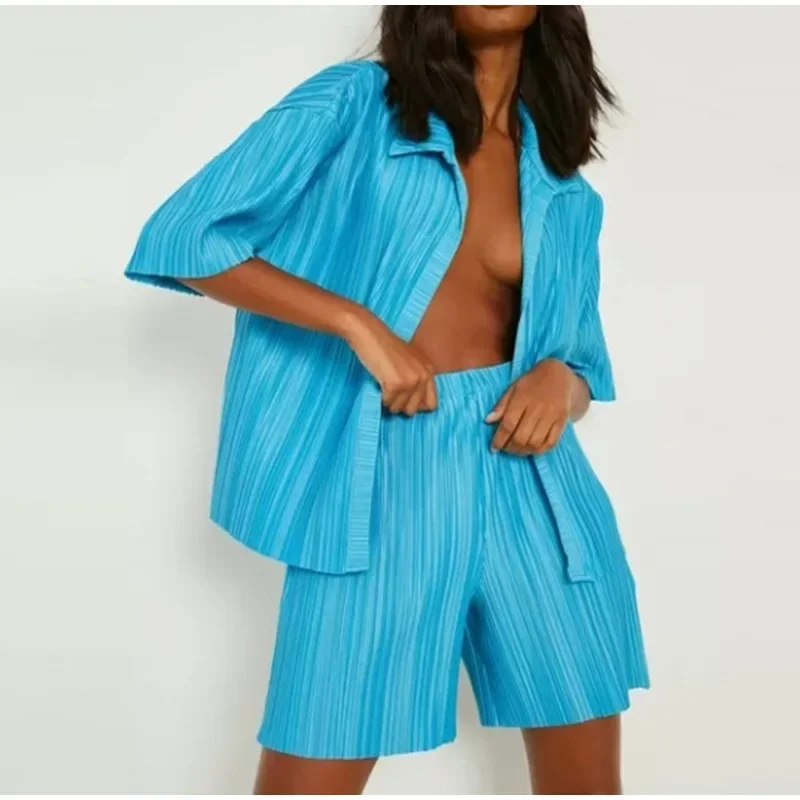 

GUWU Blue Black Pleated Women's Set Open Stitch Short Sleeve Shirt Blouse Top and Shorts Suit Two Piece Outfit Tracksuit