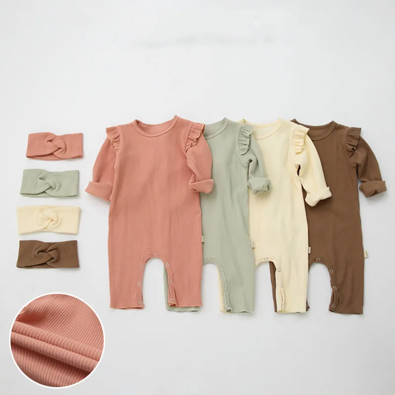 

3-24Months Cotton Baby Girl Romper for Autumn Spring Solid Color Long Sleeve Jumpsuit with Headband Newborn Infant Clothes