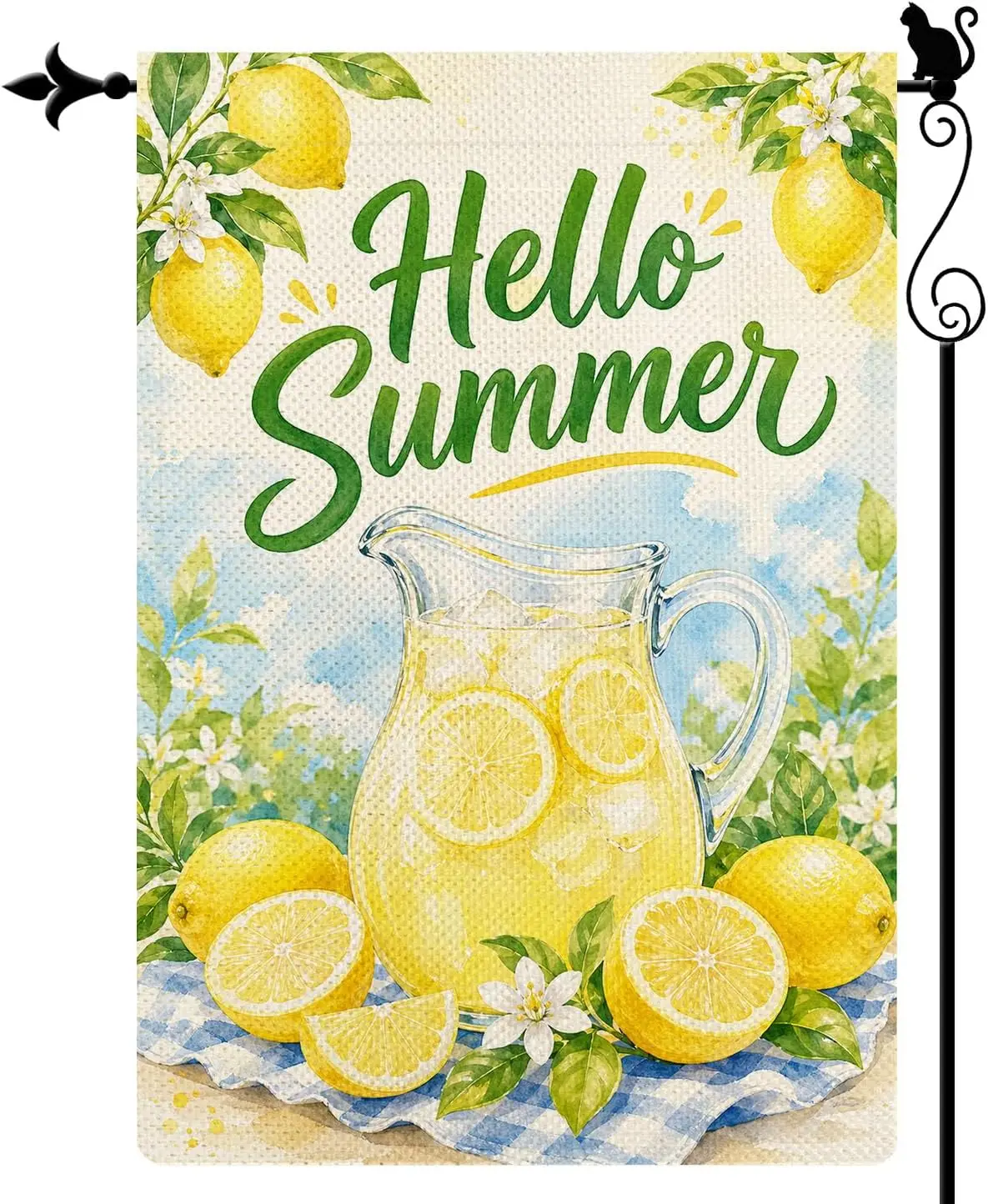Hello Summer Lemonade Garden Flag, Double Sided 12 x 18 Inch Burlap Outdoor Yard Flag for Porch Patio Lawn Decor AAM