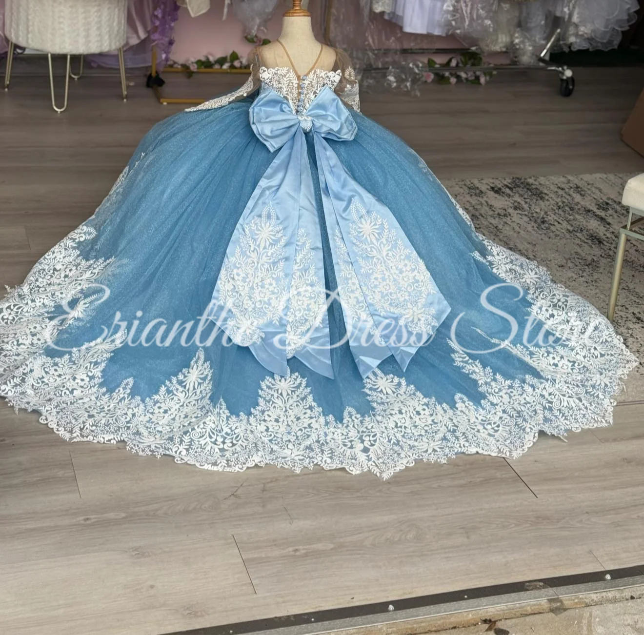 Sky Blue Flower Girl Dress for Wedding Customized Tulle Puffy Lace Applique Kids Birthday Party First Communion Ball Gowns