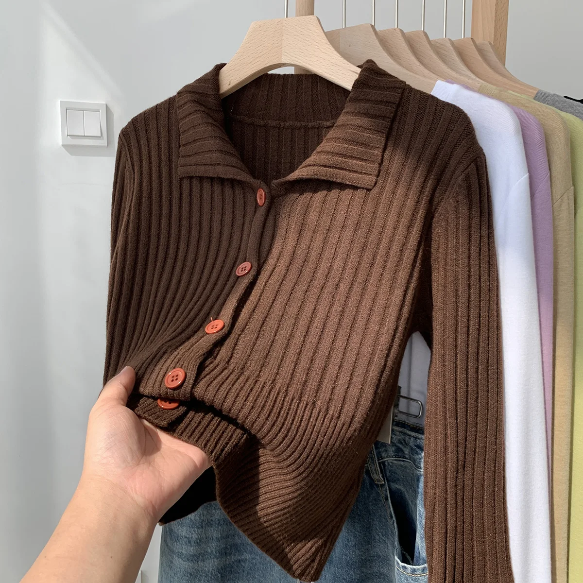 Brown Ribbed Knit Polo-Neck Button Down Sweater Cardigan for Women Teen-girl Fall Winter Cozy Knitwear Vintage Outfit