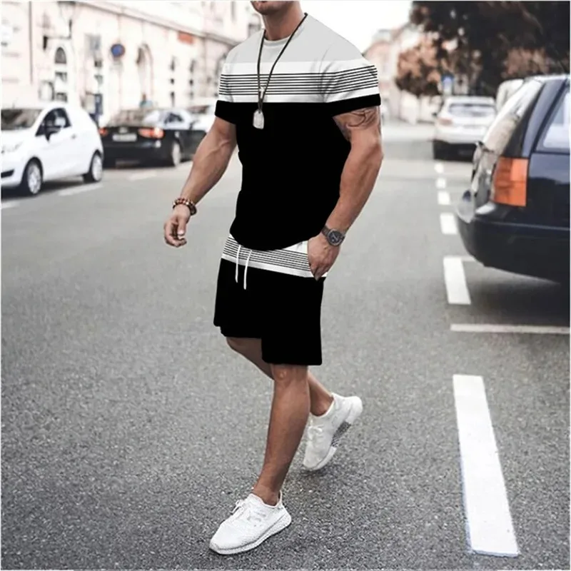 

2025 Short Sleeved Shorts Two Piece Street Trendy Set Fashion Men's Casual Sports Set T-shirt 3D Printed Stripe Pattern