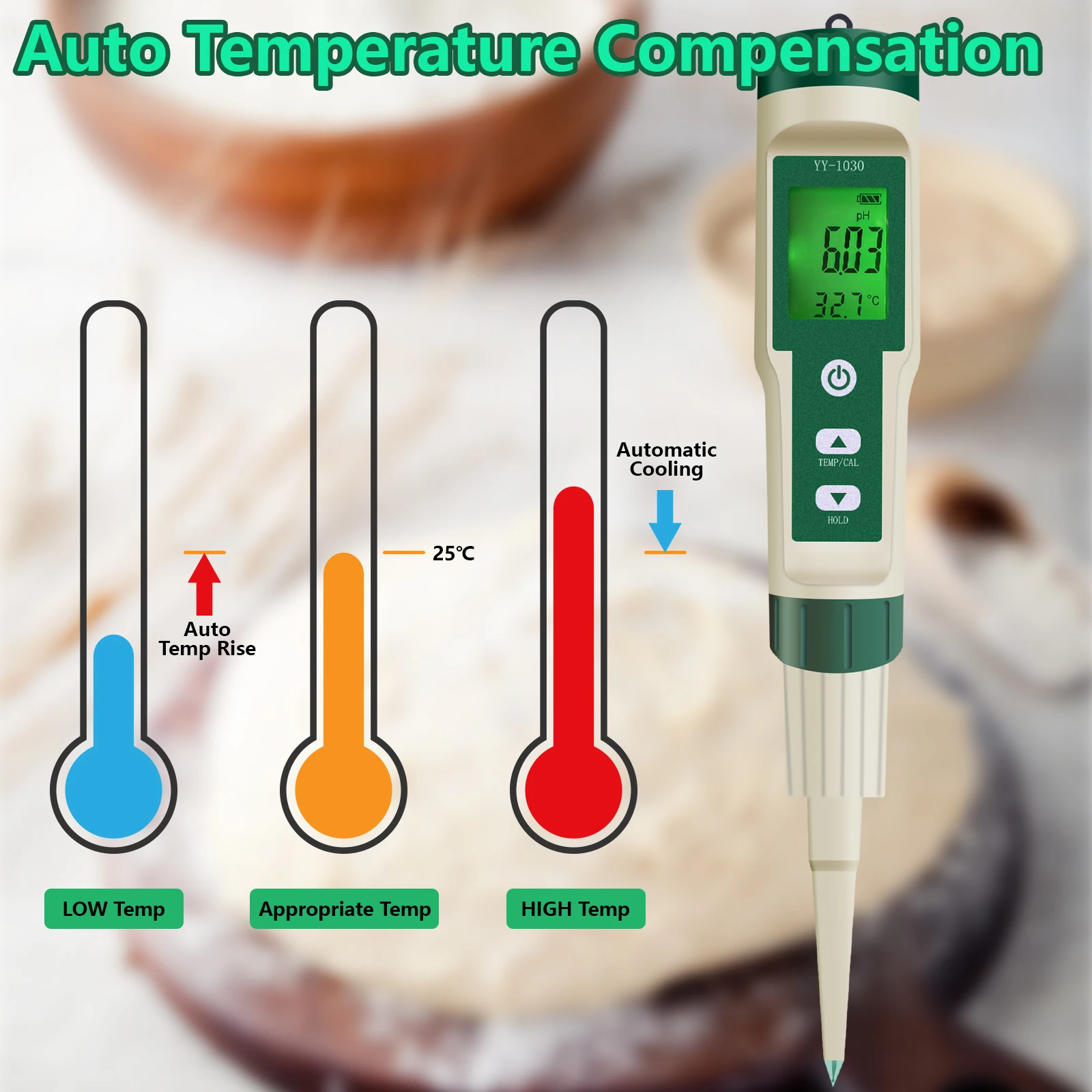 YY1030 PH Tester Dough Alkalinity Meter Fruit Cheese Cosmetics Food PH Meter 0.00-14.00 Soil Matrix PH Detector Temperature