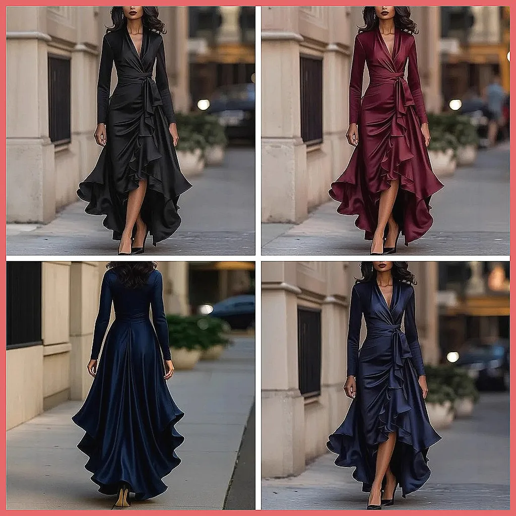 

Elegant Deep V-Neck Evening Gown with Ruffles & Lace-Up, Slim Fit High Waist Long Sleeve Dress for Women