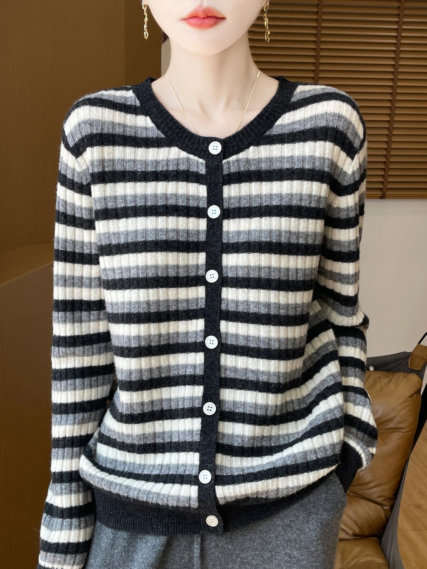 

Elegant Woman 100% Merino Wool Sweater Female Autumn Winter Knitwear Striped Cardigan Cashmere Ladies Long Sleeve Clothing Tops